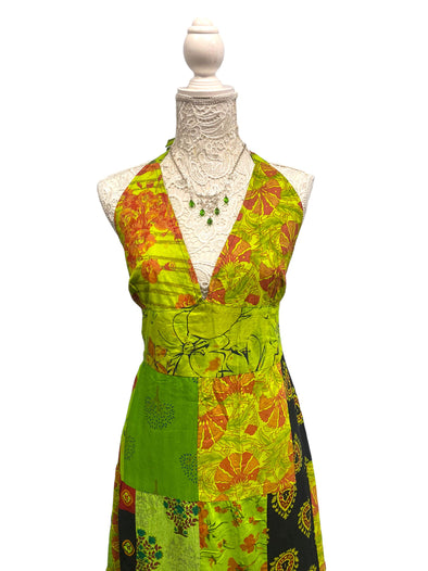 Boho hippy, pixie fairy style,  hanky hem, festival outfit, green patchwork long maxi dress one size uk 10 12 14 16 18