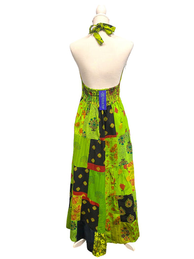 Boho hippy, pixie fairy style,  hanky hem, festival outfit, green patchwork long maxi dress one size uk 10 12 14 16 18