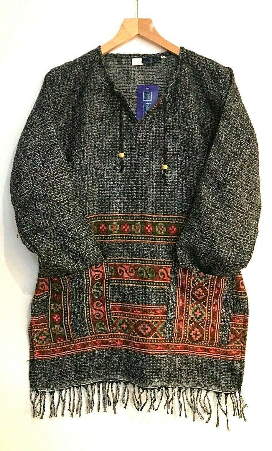 Festival Stall LTD Boho festival Clothing Boho Hippie Festival GREY embroidered Warm tassel long sleeve Top Tunic 12 14