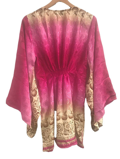 Festival Stall LTD Boho festival Clothing Boho hippy festival style, PINK sari silk, Kaftan tunic top, blouse, beach cover up, short dress UK 10 12 14 16 18 US 6 8 10 12 14