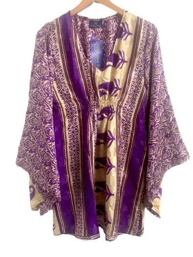 Festival Stall LTD Boho festival Clothing Boho hippy festival style, PURPLE Sari Silk , kaftan, tunic, top, dress, blouse beach cover up UK 10 12 14 16 18 US 6 8 10 12 14