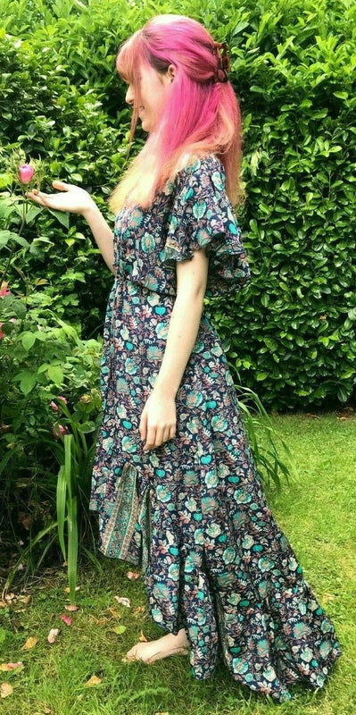 Boho hippy pixie Festival 100 SILK LONG DARK BLUE summer sun MAXI Dre Festival Stall LTD