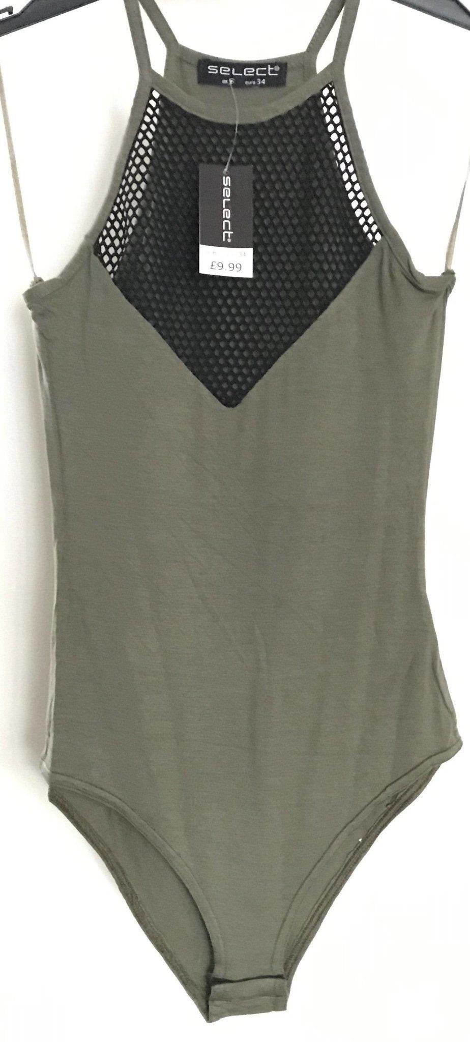 Festival Stall LTD Boho festival Clothing Khaki dark Green sexy Bodysuit body top mesh insert UK 6, 8, 10, 12, 14